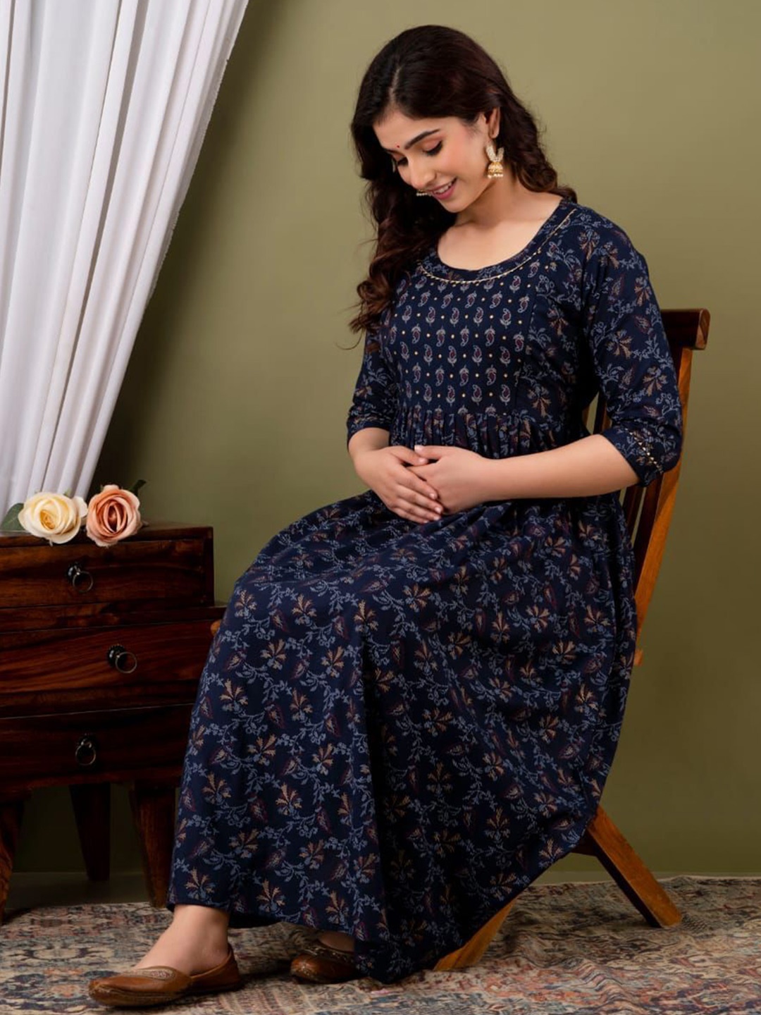 

SHOOLIN Printed Maternity Fit and Flare Midi Ethnic Dress, Navy blue