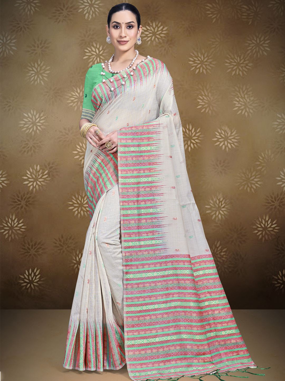 

Ishin Printed Zari Striped Saree, Cream