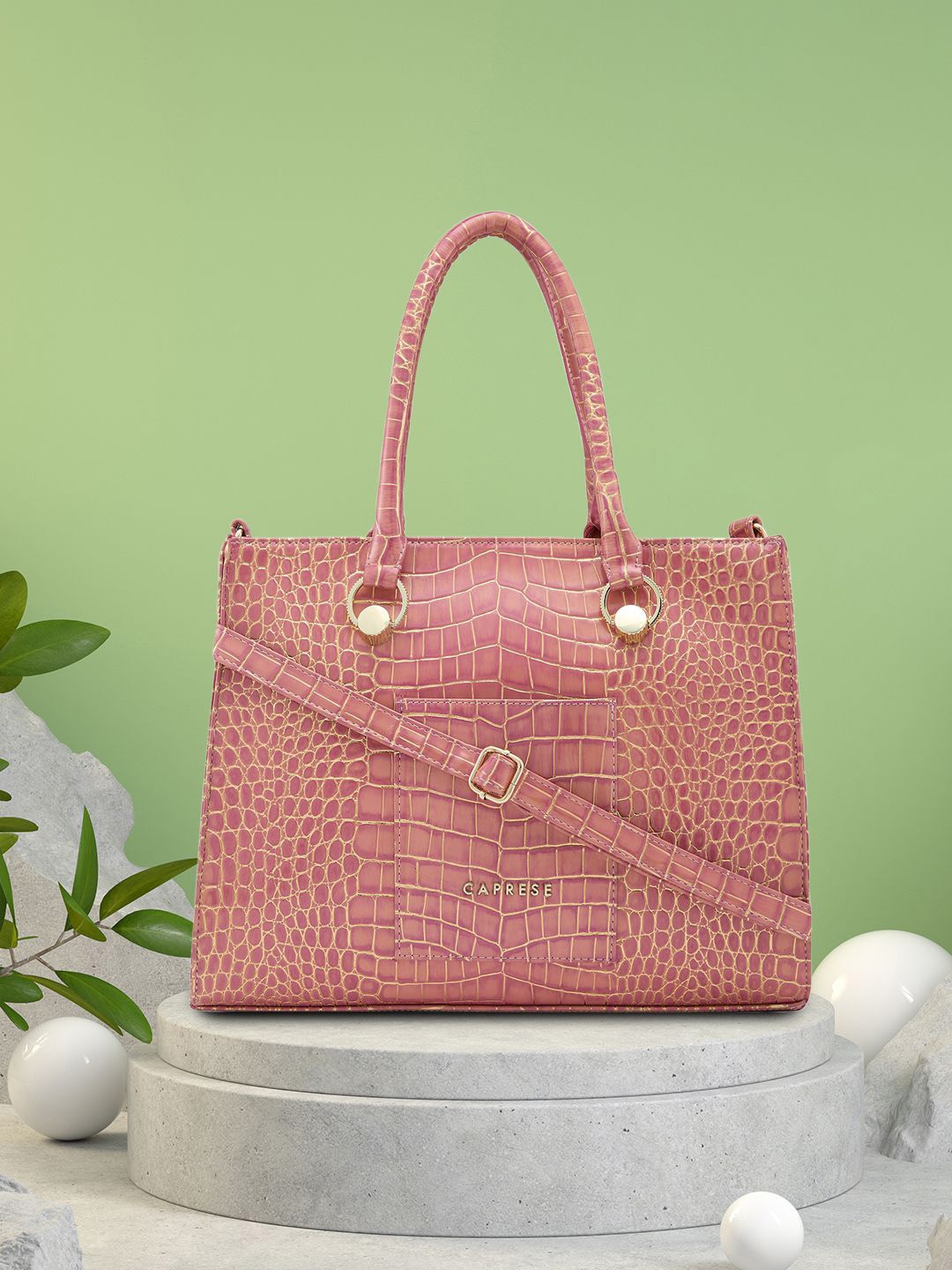 

Caprese Animal Textured Structured Handheld Bag with Quilted, Pink