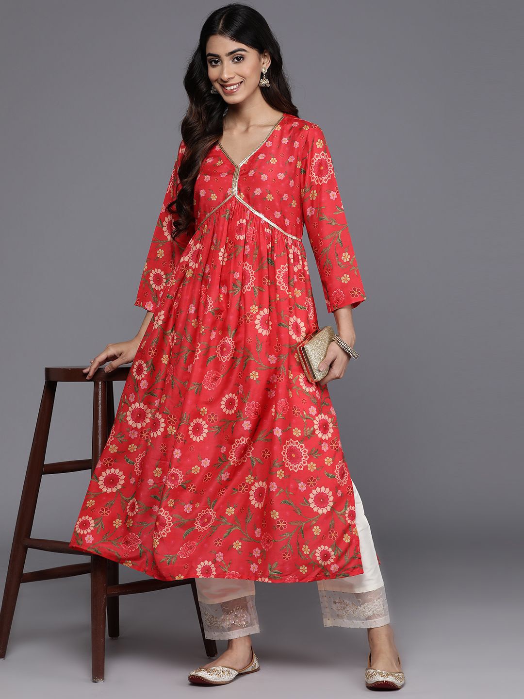 

Varanga Floral Printed Sequinned Empire Cotton A-Line Kurta, Red