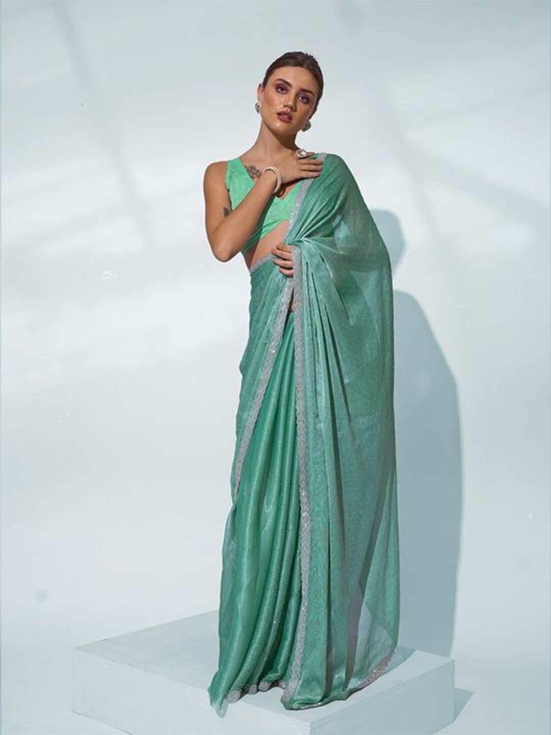 

Kalista Embellished Sequinned Pure Chiffon Saree, Sea green