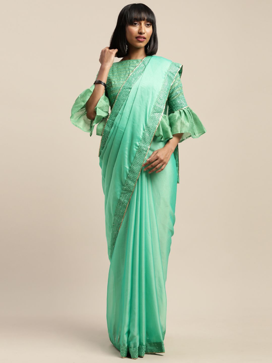 

Somras Mirror Work Embroidered Saree, Green