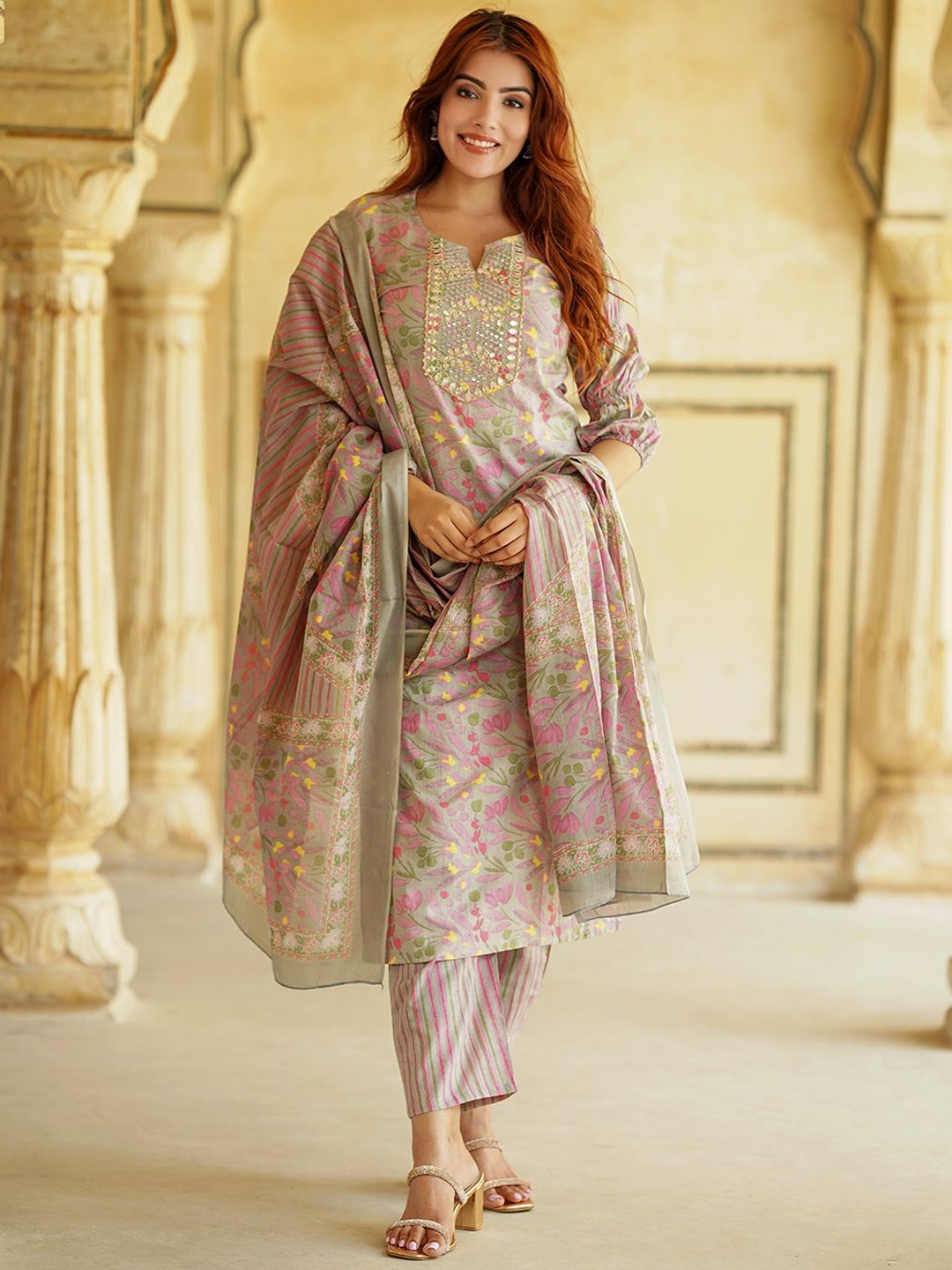 

KALINI Floral Printed Mirror Work Pure Cotton Straight Kurta With Trousers & Dupatta, Mauve