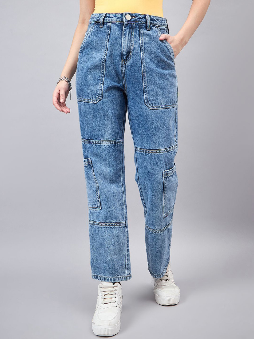 

Style Quotient Women Comfort Relaxed Fit High Rise Cargo Jeans, Blue