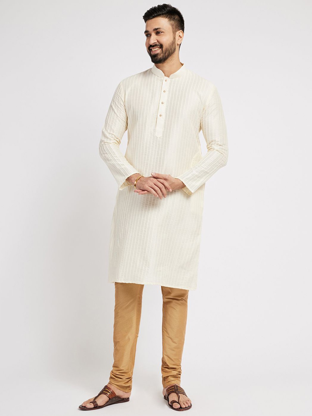 

Ethnic India Pintucks Thread Work Mandarin Collar Straight Kurta, Cream