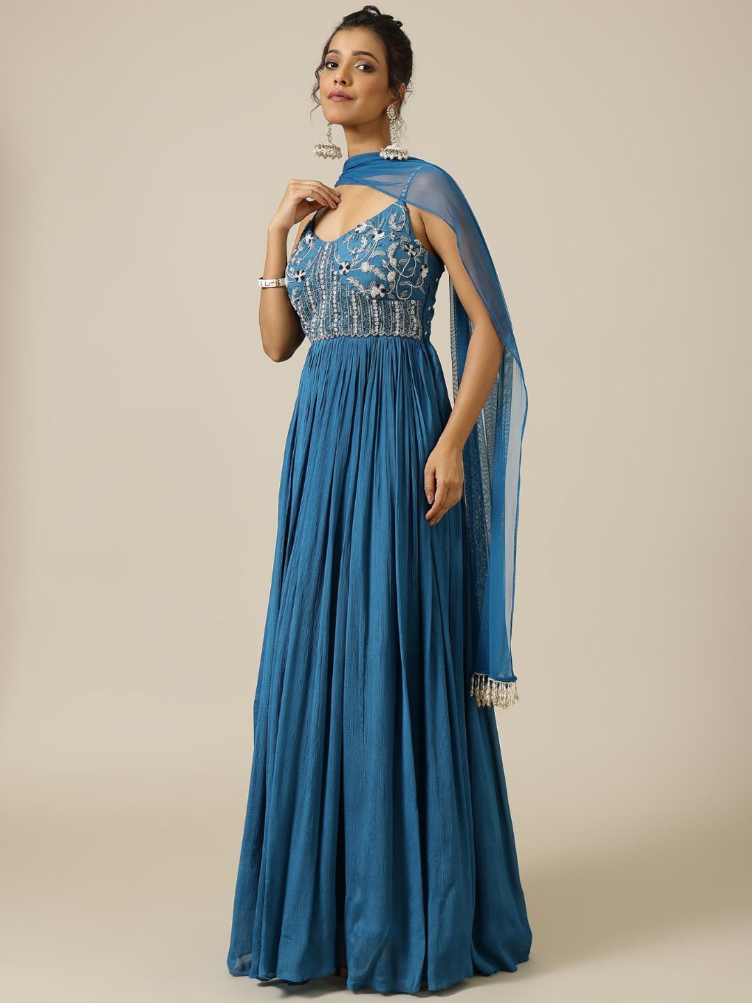 

Shreeka Embroidered Gathered Maxi Dress With Dupatta, Teal