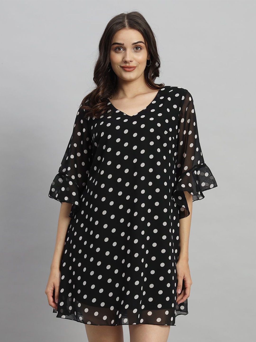 

Curvydrobe Polka Dot Bell Sleeve A-Line Mini Dress, Black