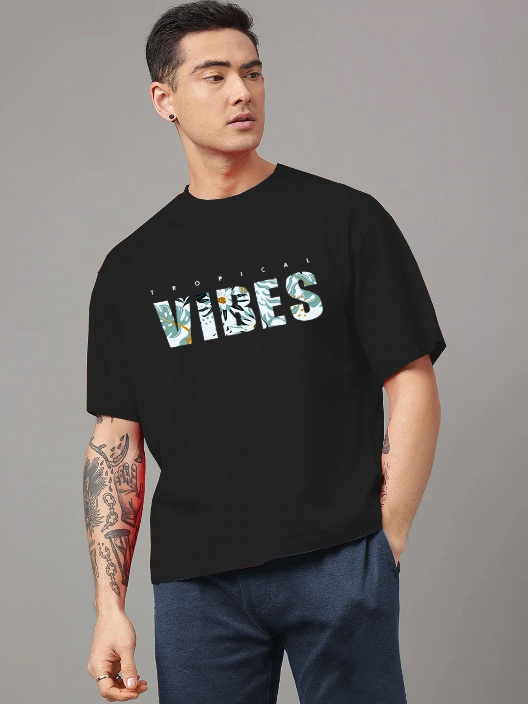 

CLAFOUTIS Men Typography Printed Round Neck Cotton Relaxed Fit T-Shirt, Black