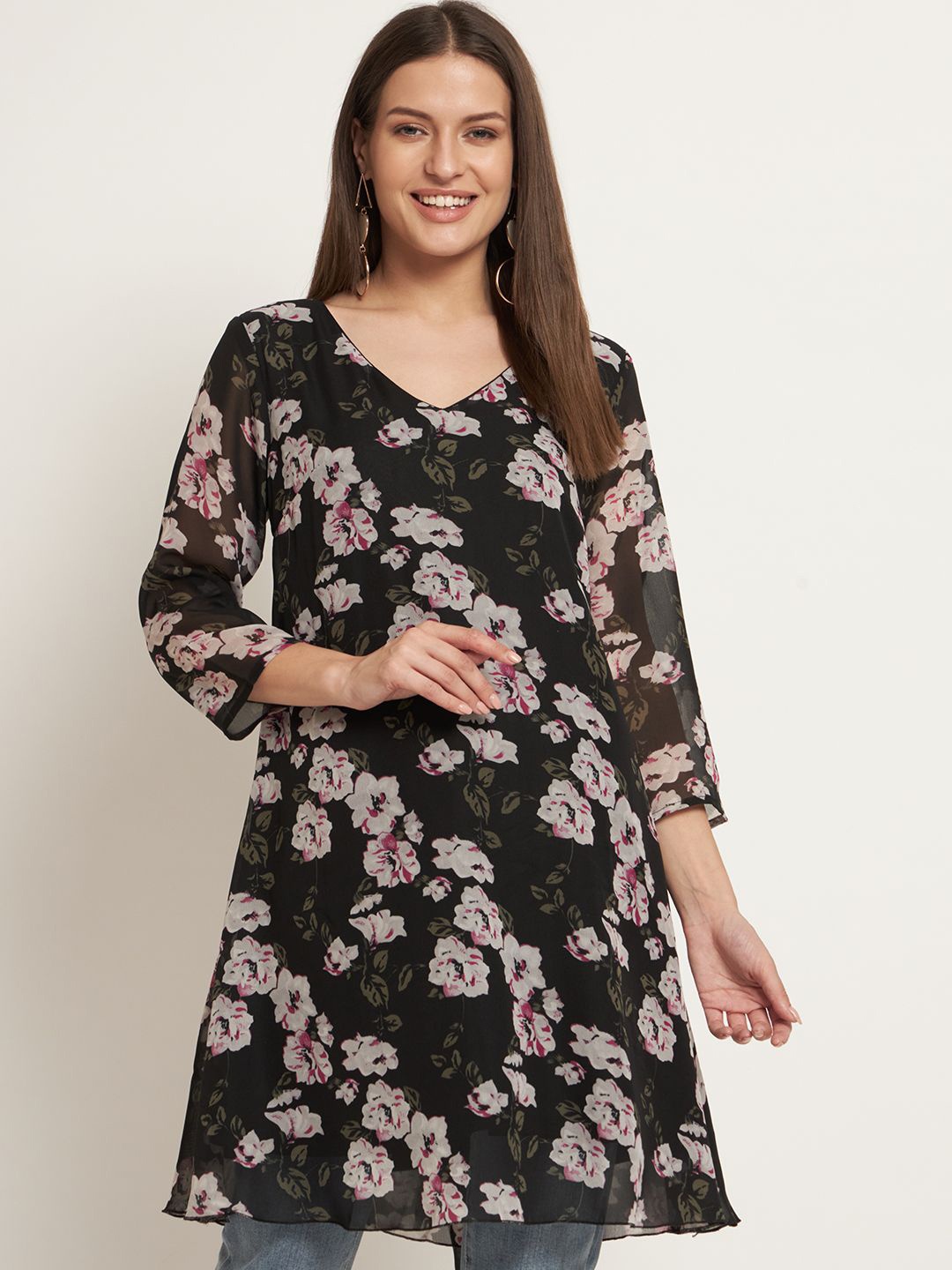 

Curvydrobe Floral Printed Georgette A-Line Dress, Black