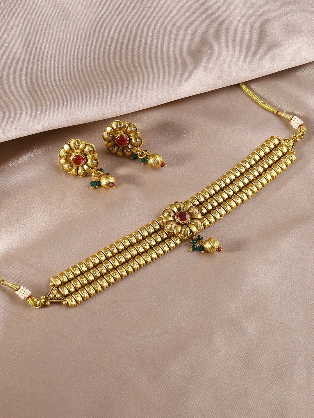 

Adwitiya Collection 24KT Gold-Plated Stones-Studded & Beaded Necklace and Earrings