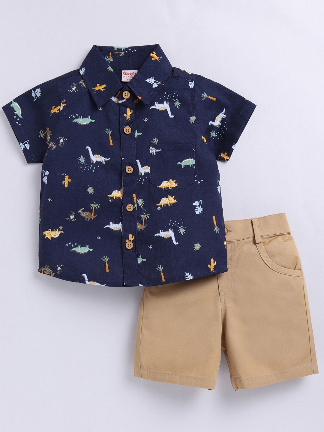 

SNUGGLY MONKEY Boys Dino Printed Shirt Collar Pure Cotton Top with Shorts Set, Navy blue