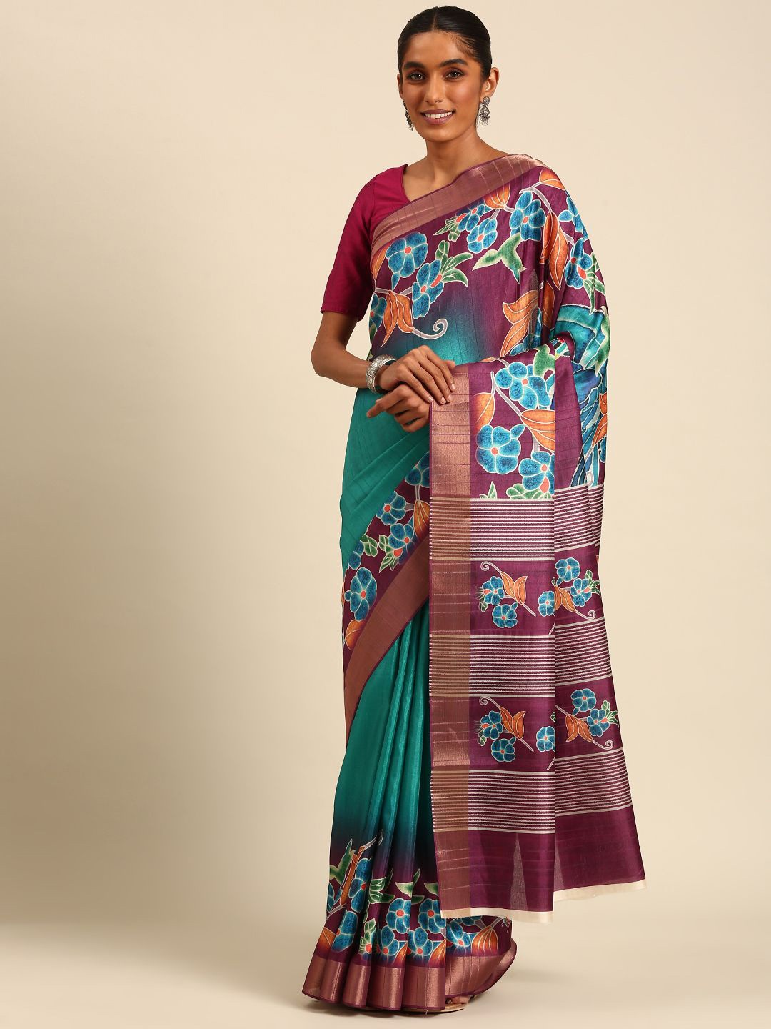 

Ishin Floral Zari Saree, Green