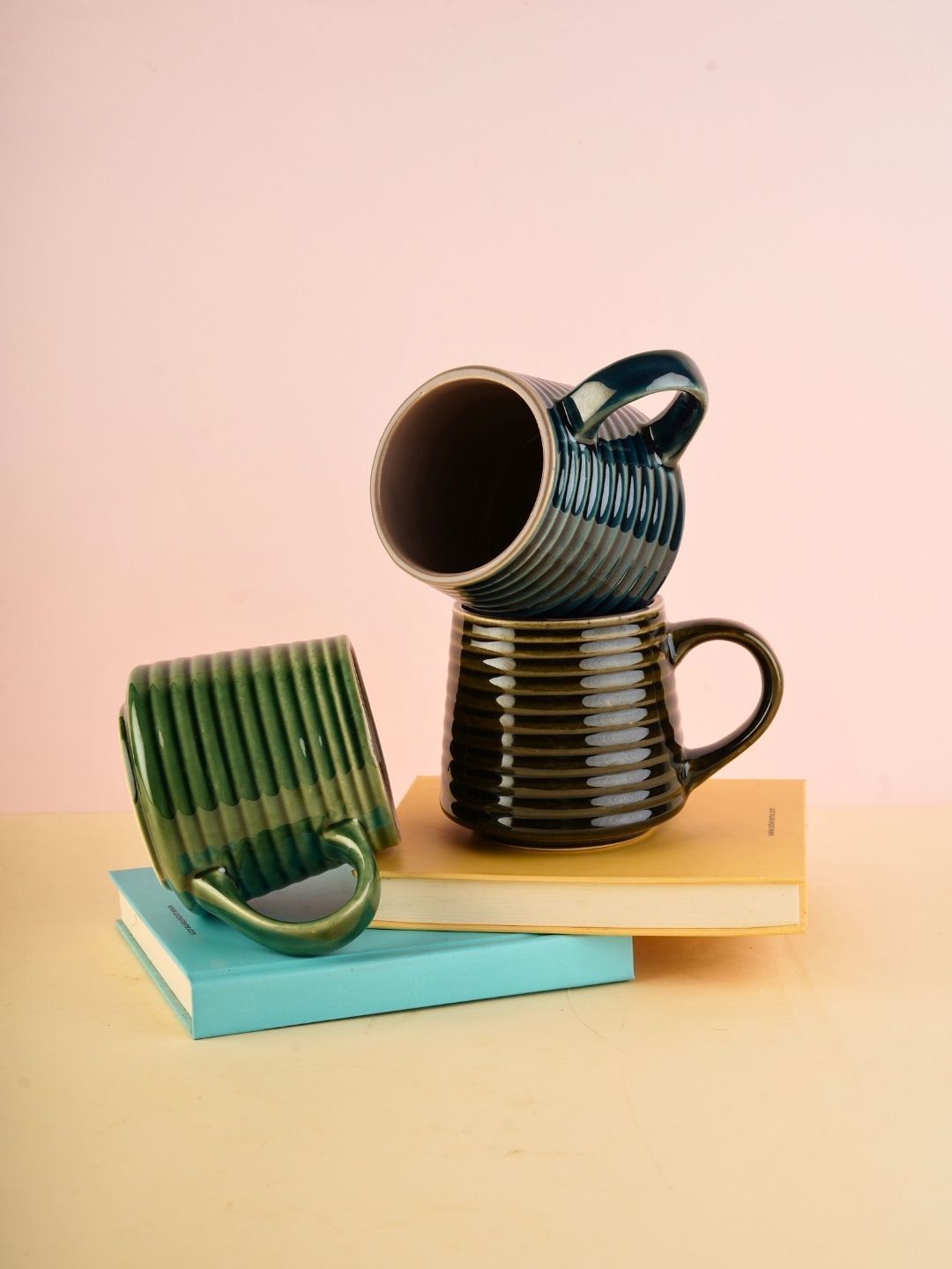 

WEAVING HOMES Green & Brown 3 Pieces Textured Ceramic Glossy Cups