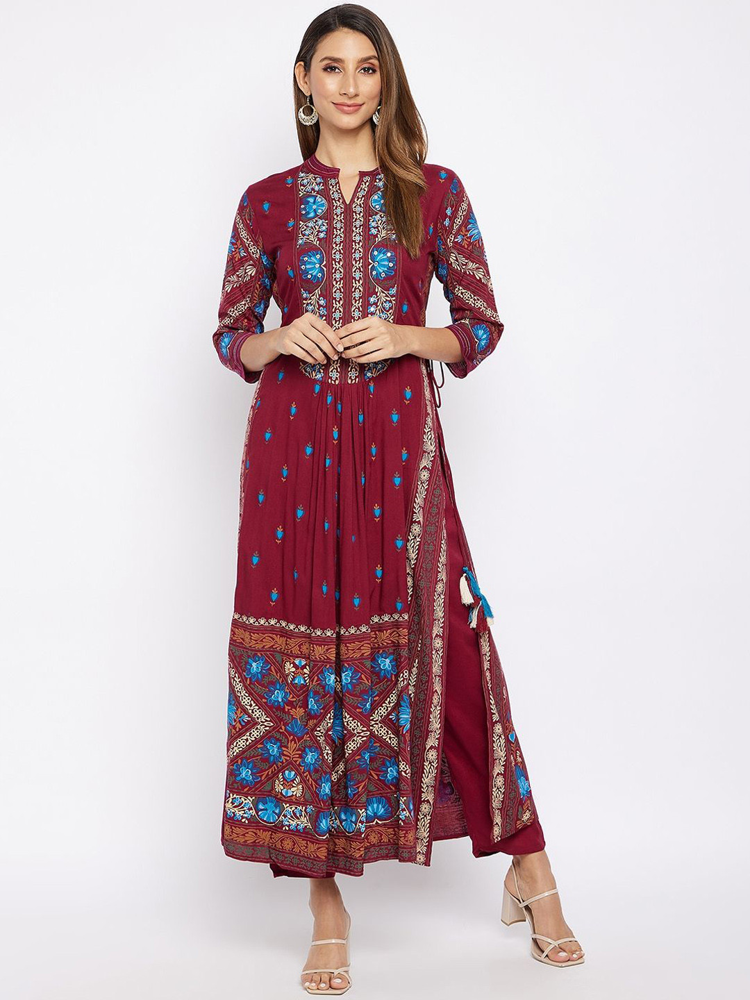 

IndigoFerry Floral Printed Mandarin Collar Pure Cotton Straight Kurta with Trousers, Maroon