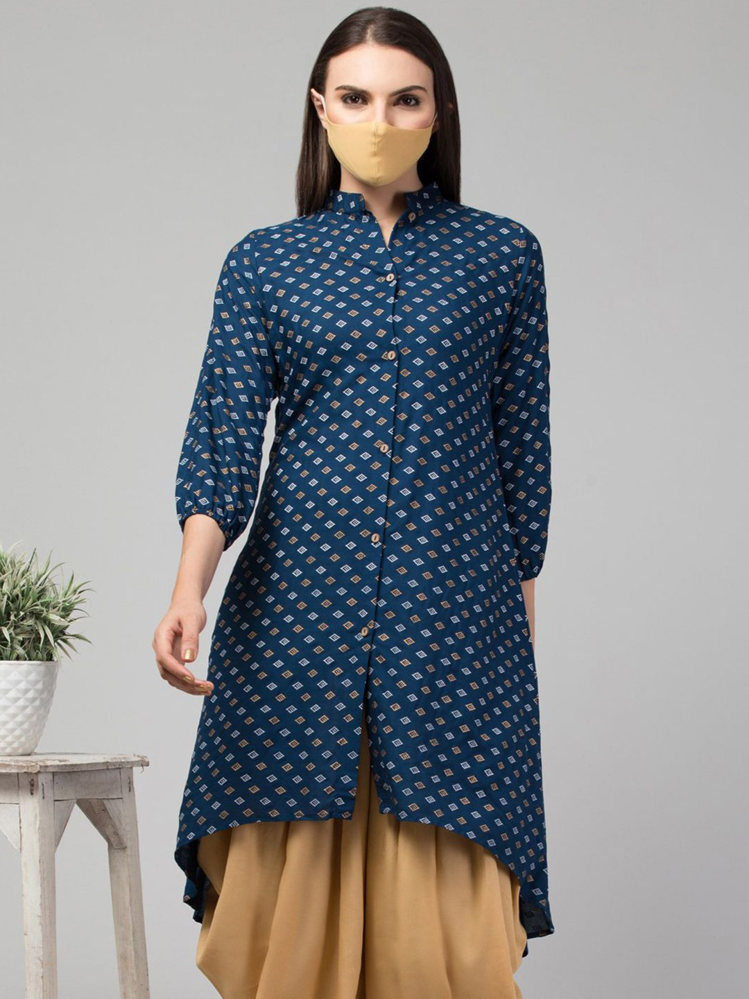 

MUSHKIYA Mandarin Collar Micro Ditsy Printed Tunic, Teal