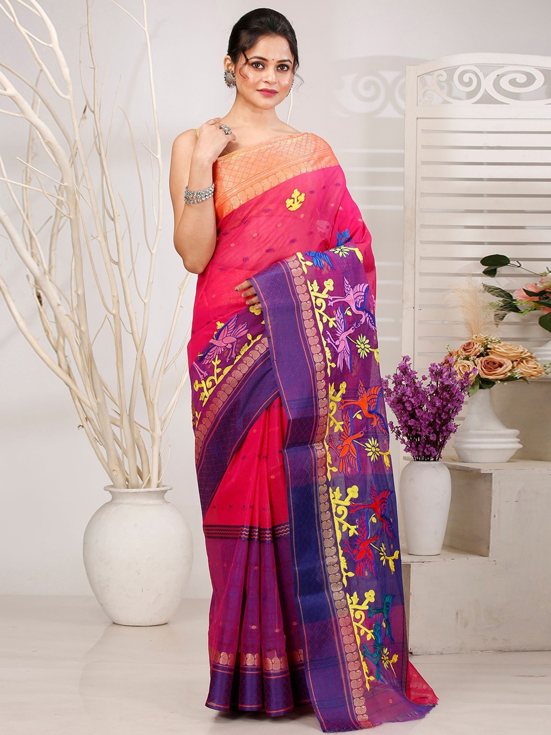 

DipDiya Ethnic Motifs Pure Cotton Taant Saree, Pink