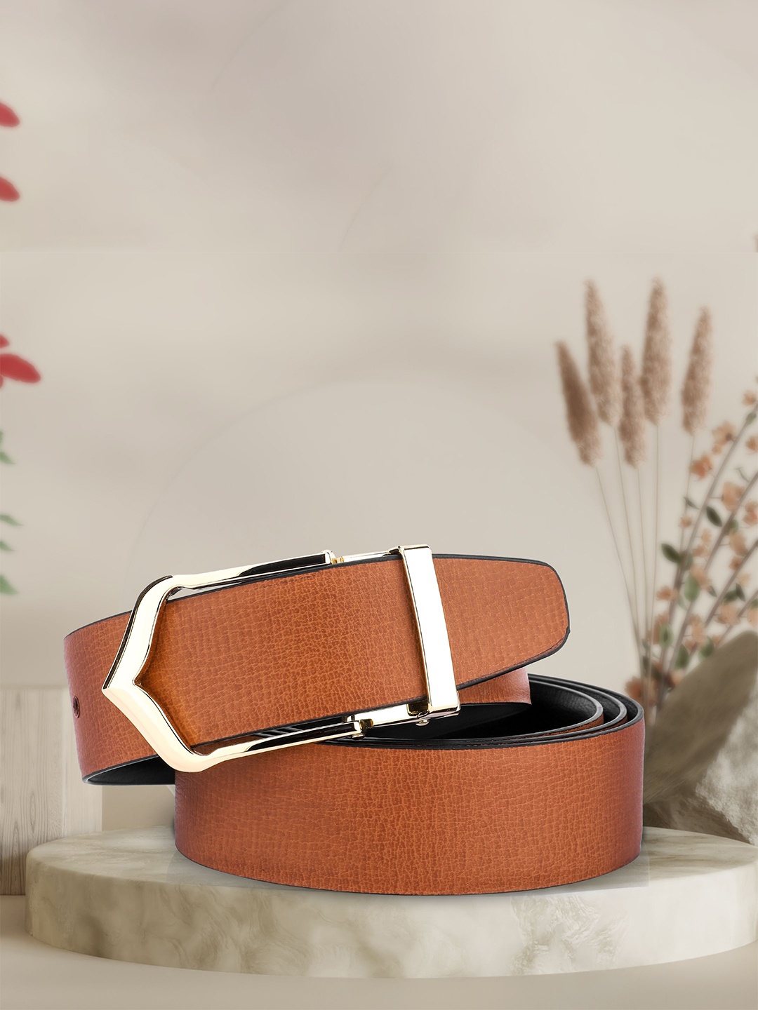 

WINSOME DEAL Men Push Pin Closure Textured Formal Belt, Tan