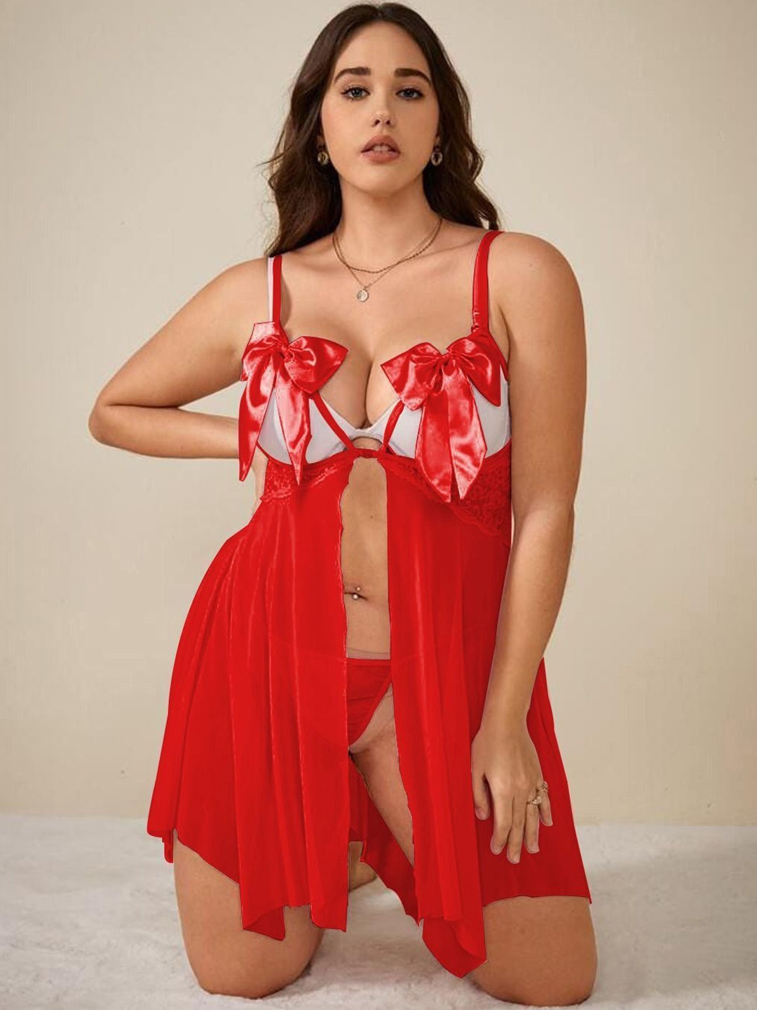 

KRENOZ Shoulder Strap Tie-up Detail Net Baby Doll with Asymmetrical Hemline, Red
