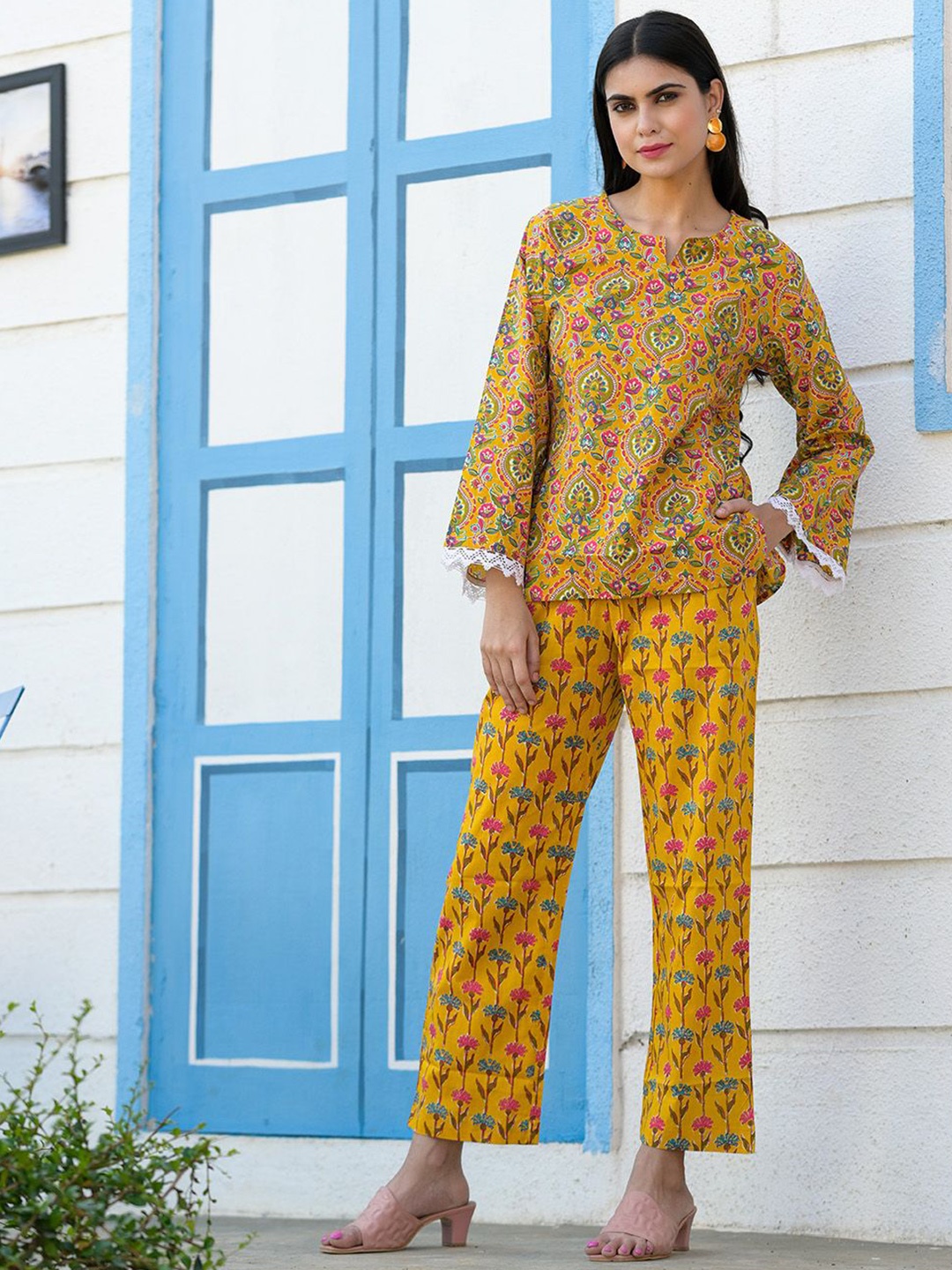 

Kaftanize Elite Bloom Printed Top With Lace Trims & Trousers Co-Ords, Yellow
