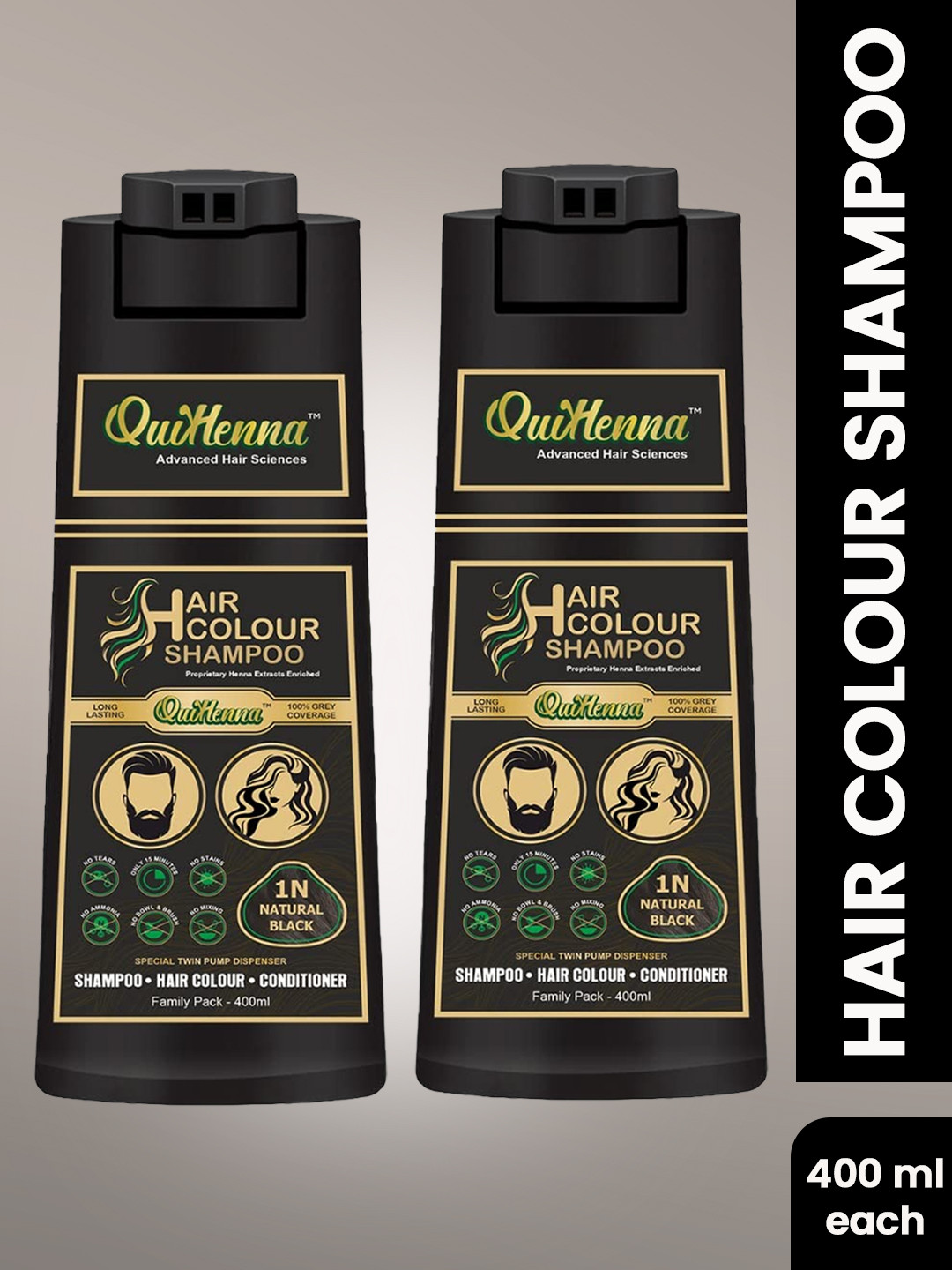 

QUIKHENNA Set of 2 Grey Coverage Hair Color Shampoo 400 ml each - Natural Black 1N