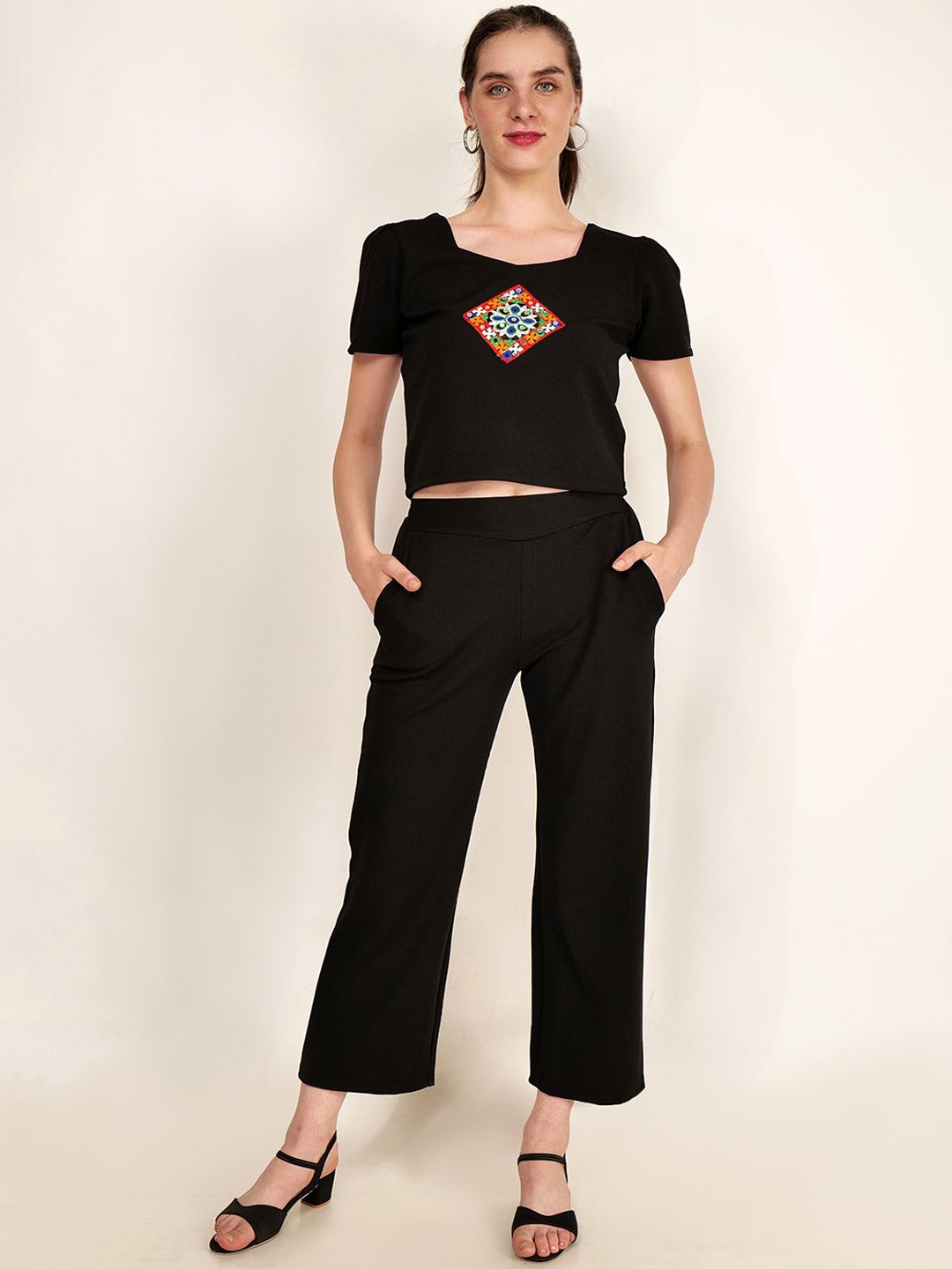 

Frolic Rolic Embroidered Patch Work Square Nck Top With Trousers, Black