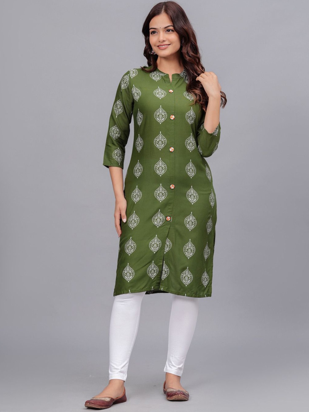 

Bachuu Ethnic Motifs Printed Mandarin Collar Straight Kurta, Green