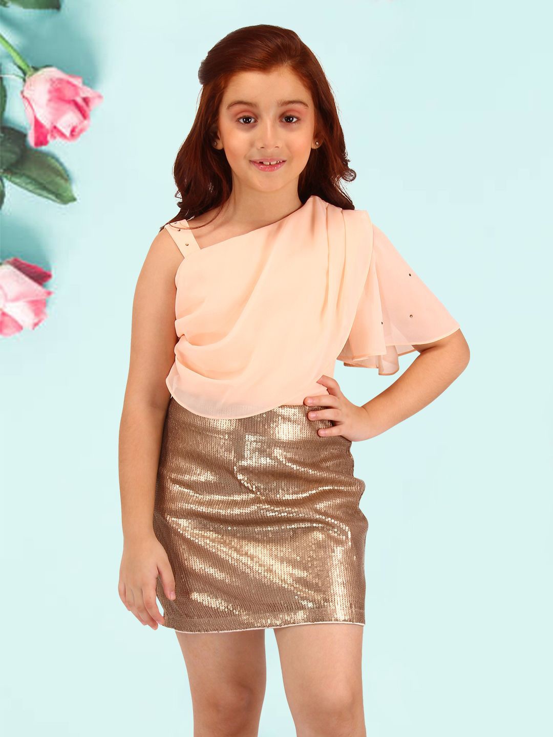 

CUTECUMBER Girls Embellished One Shoulder Flutter Sleeve Sheath Dress, Gold