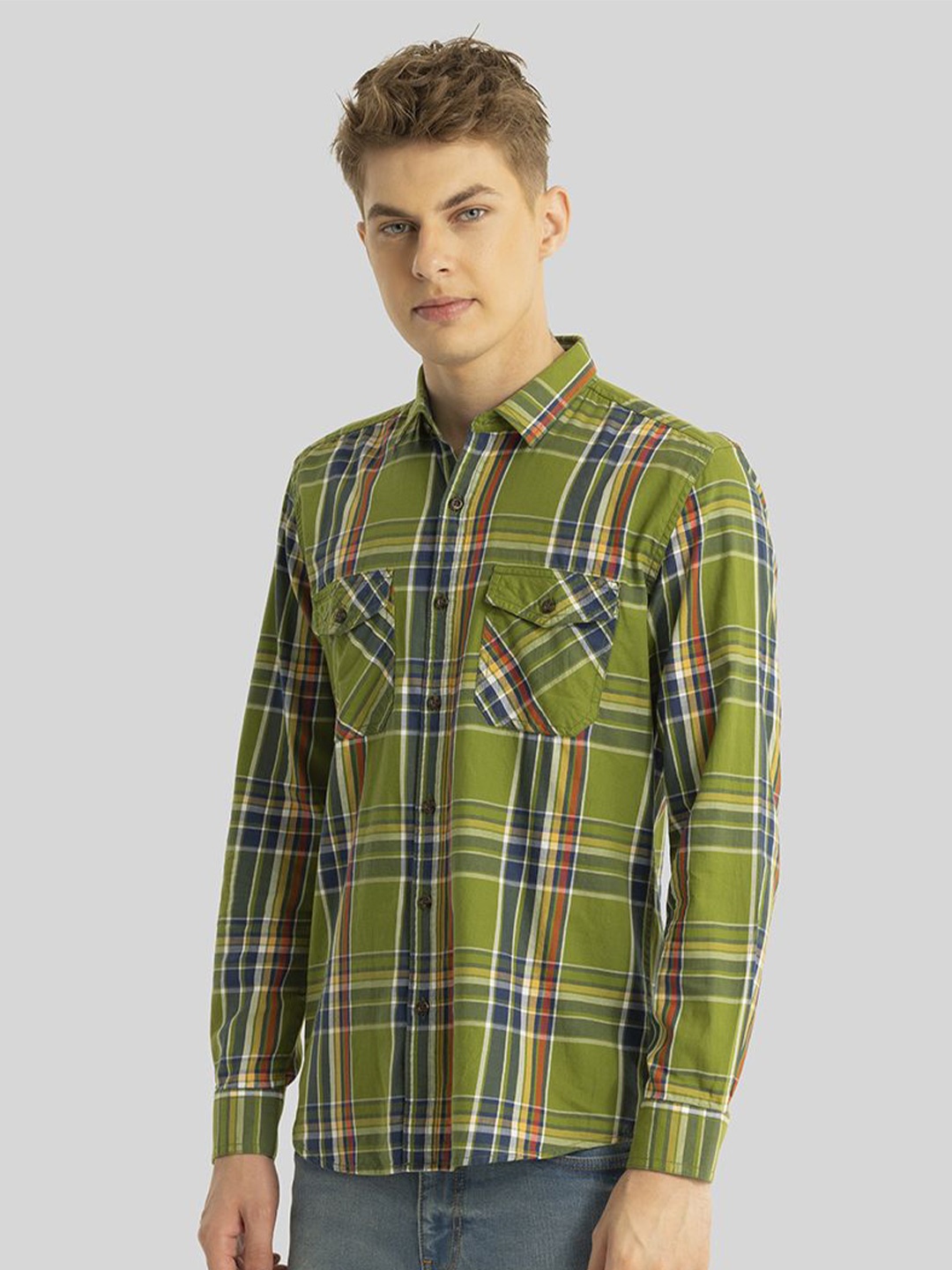 

Snitch Men Smart Slim Fit Tartan Checks Opaque Pure Cotton Casual Shirt, Olive