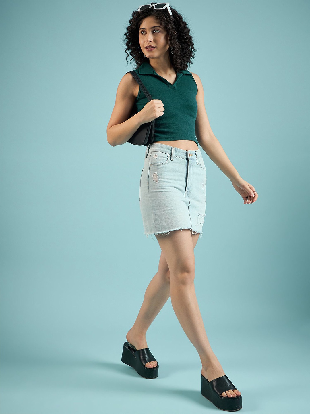 

DressBerry Women Solid Shirt Collar Pure Cotton Top, Teal