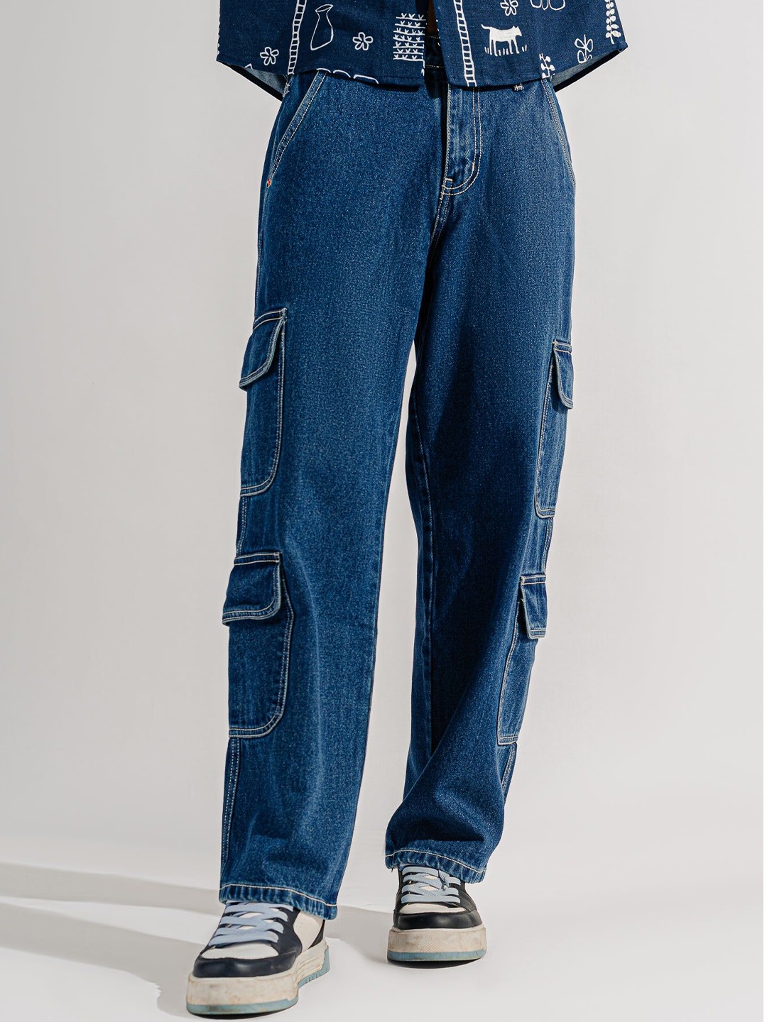 

FREAKINS Men Relaxed Fit High-Rise Cargo Style Jeans, Blue