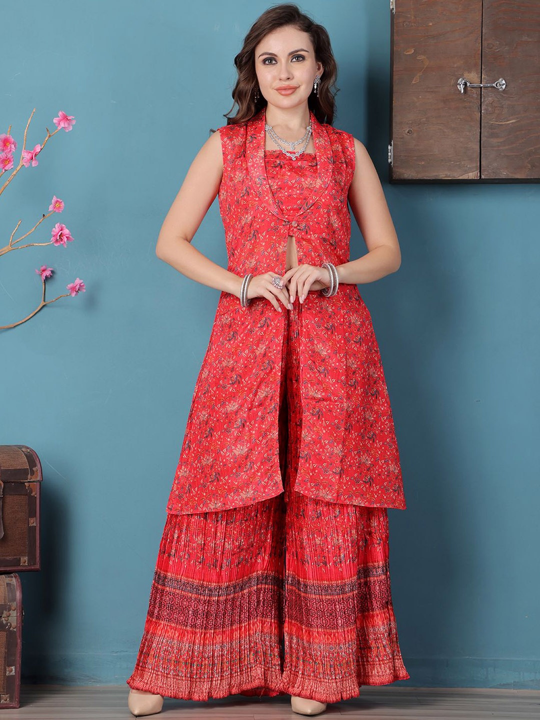 

Ethnovog Printed Square Neck Top With Palazzo & Jacket, Red