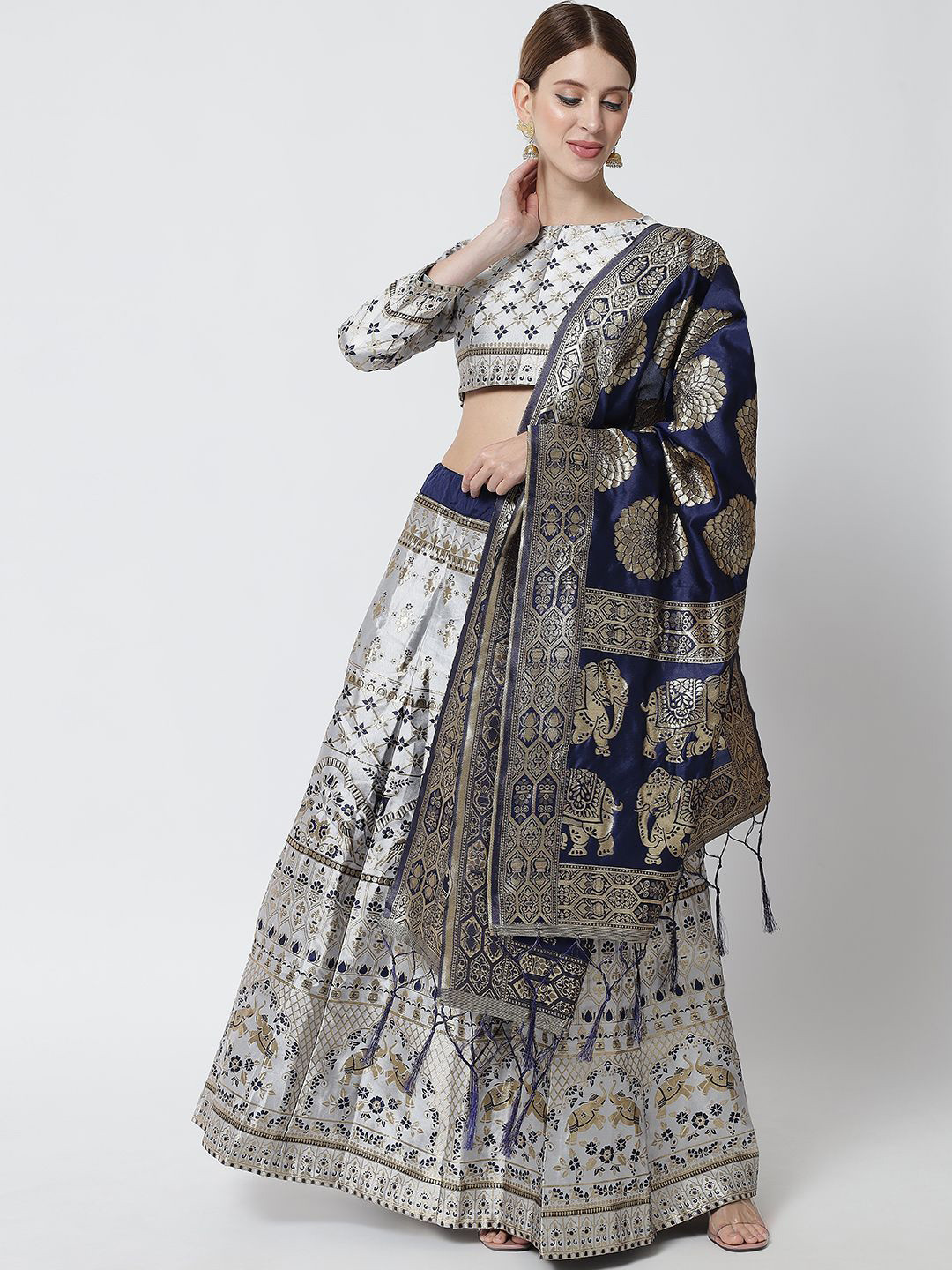

MAGMINA Semi-Stitched Lehenga & Unstitched Blouse With Dupatta, Silver