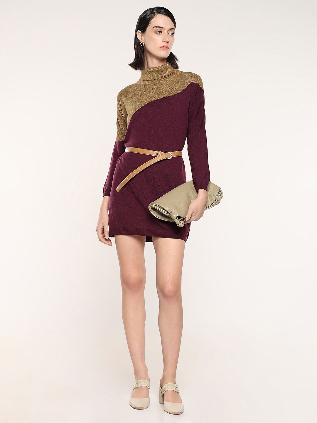 

RAREISM Women Colourblocked Turtle Neck Longline Pullover, Purple