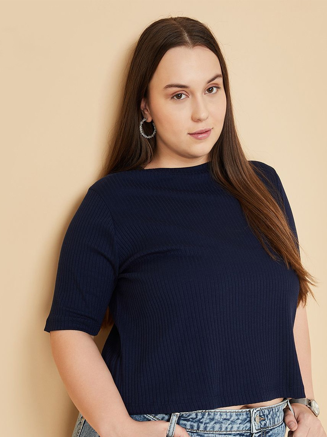 

max Women Solid Round Neck Cotton Top, Blue