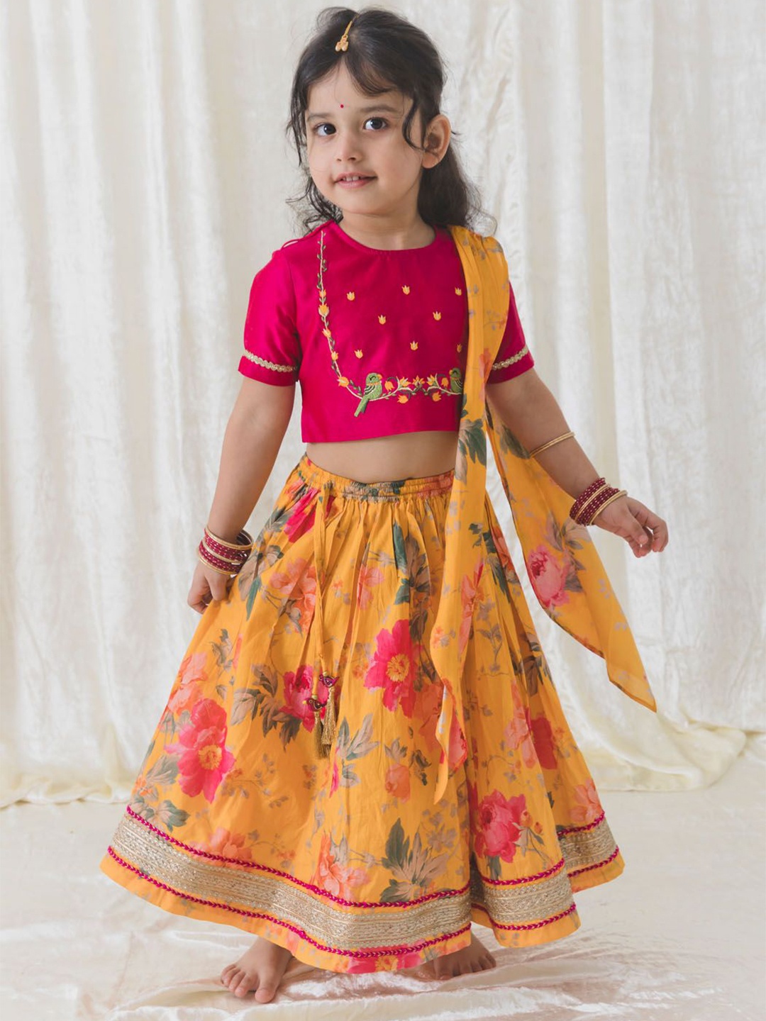 

Tiber Taber Girls Embroidered Pure Cotton Ready to Wear Lehenga & Blouse With Dupatta, Yellow