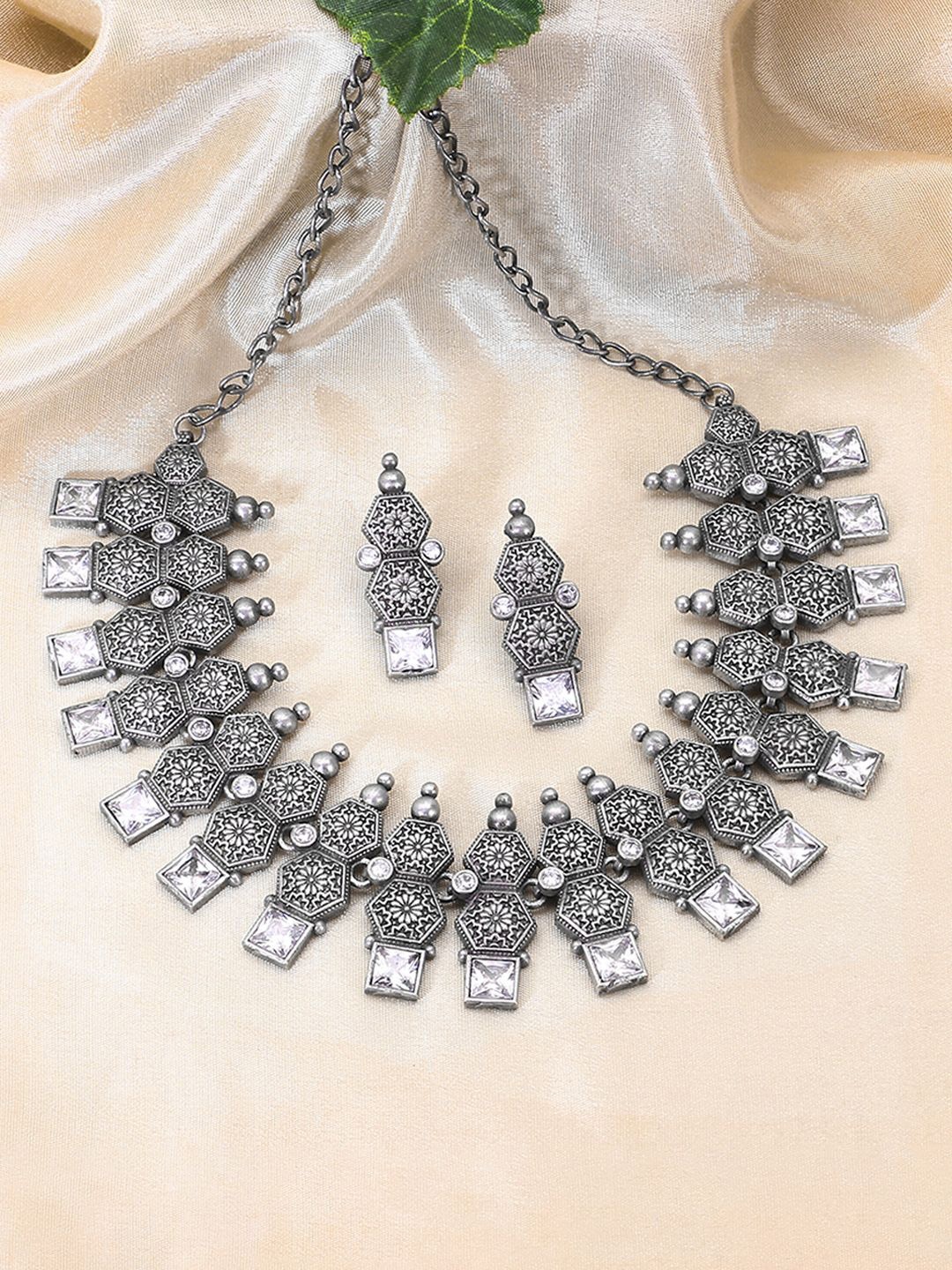 

Adwitiya Collection Silver-Plated Stones-Studded Oxidized Necklace and Earrings
