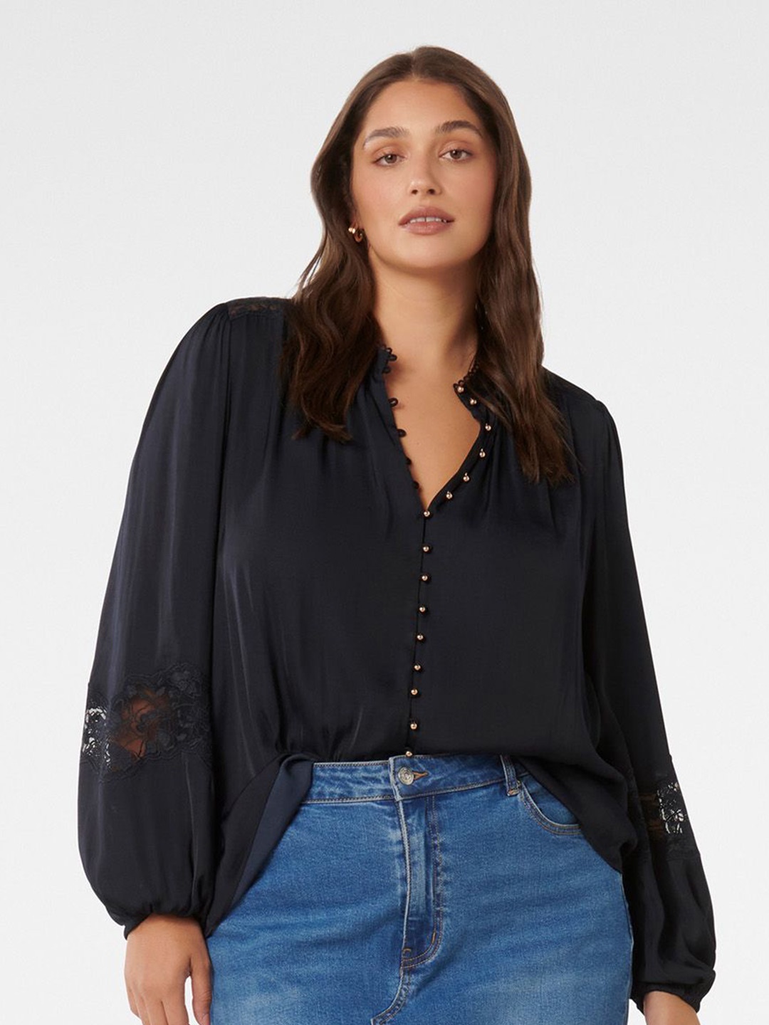 

Forever New Women Solid Ruched Mandarin Collar Top, Navy blue