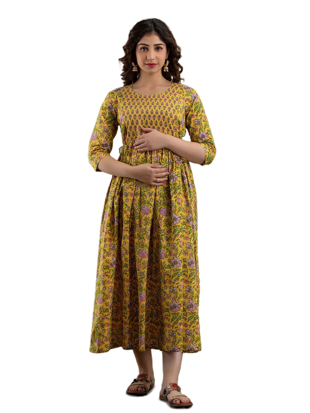 

SHOOLIN Ethnic Motif Maternity Fit & Flare Midi Dress, Mustard