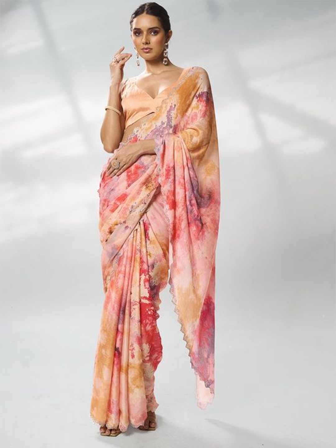 

Kalista Tie and Dye Embellished Satin Ready to Wear Saree, Peach