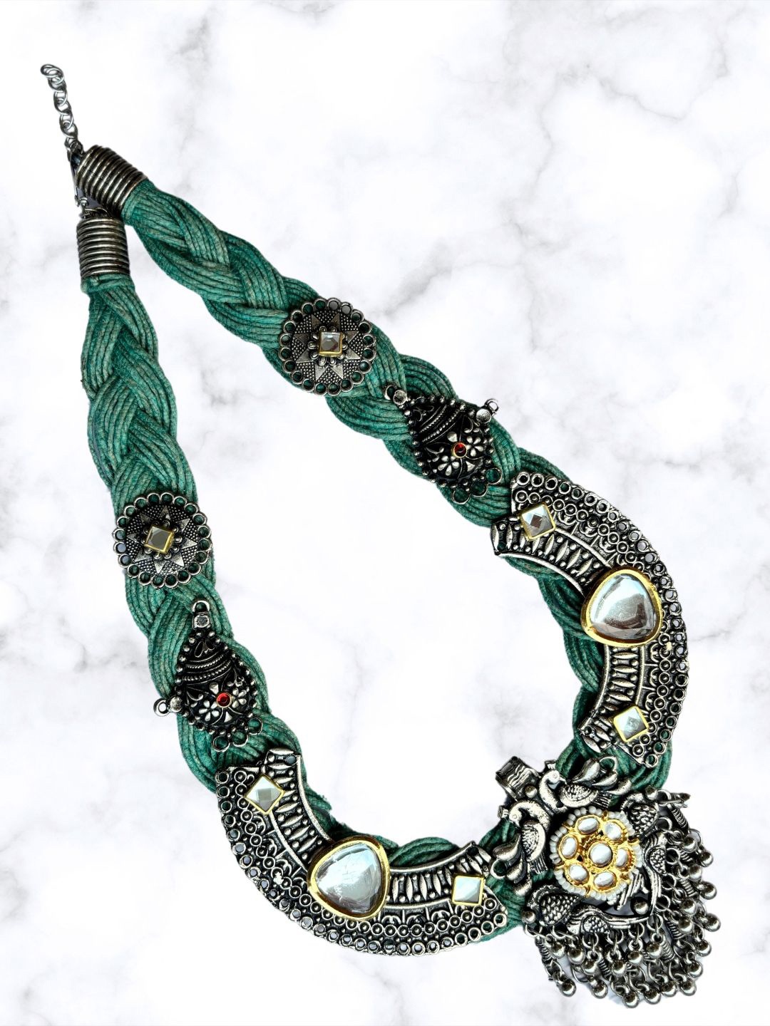 

VIVAZS Brass And Green Color Jute Oxidised Silver Polki Studded Crochet Necklace