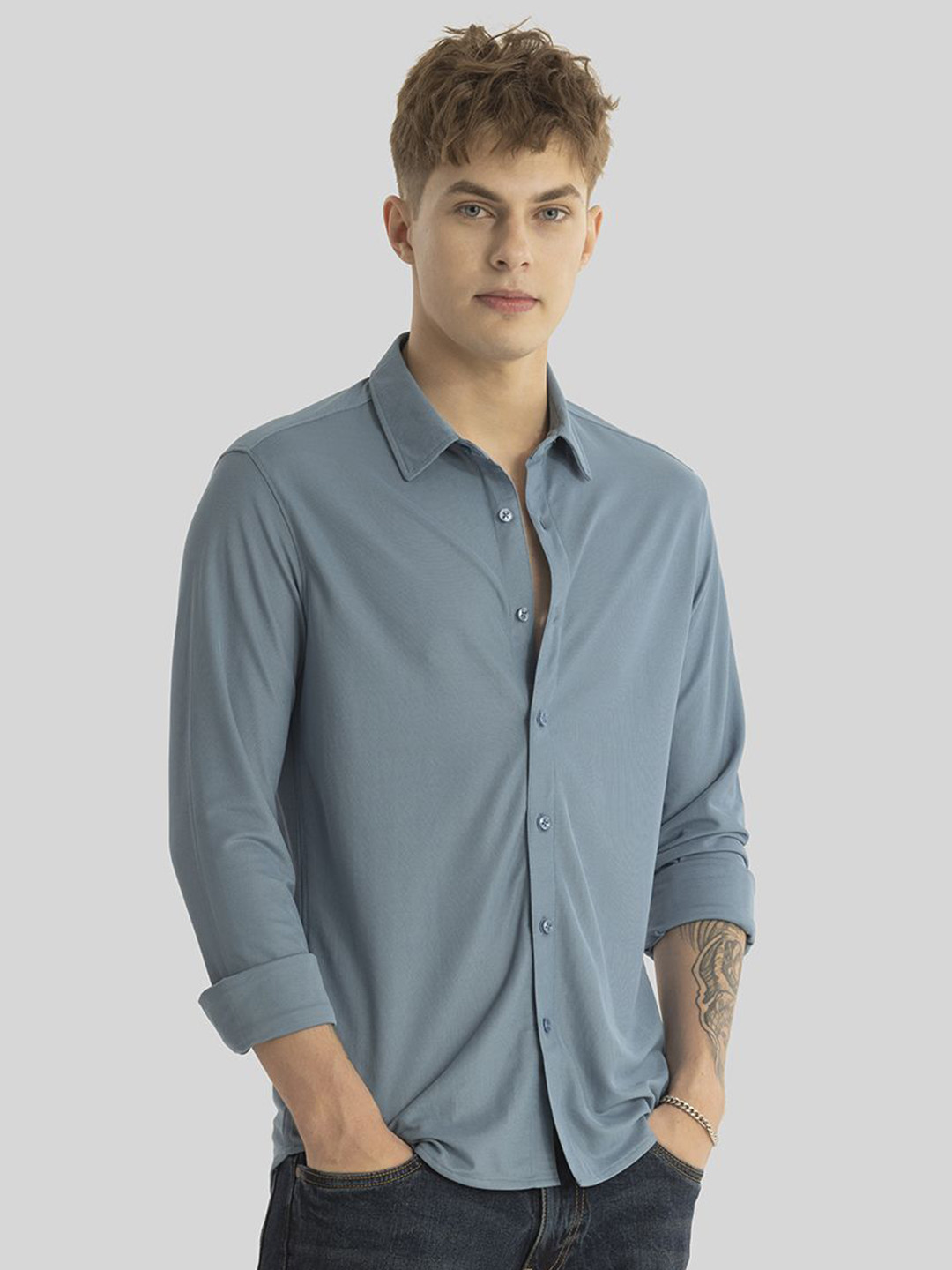 

Snitch Men Smart Slim Fit Solid Opaque Cotton Casual Shirt, Blue
