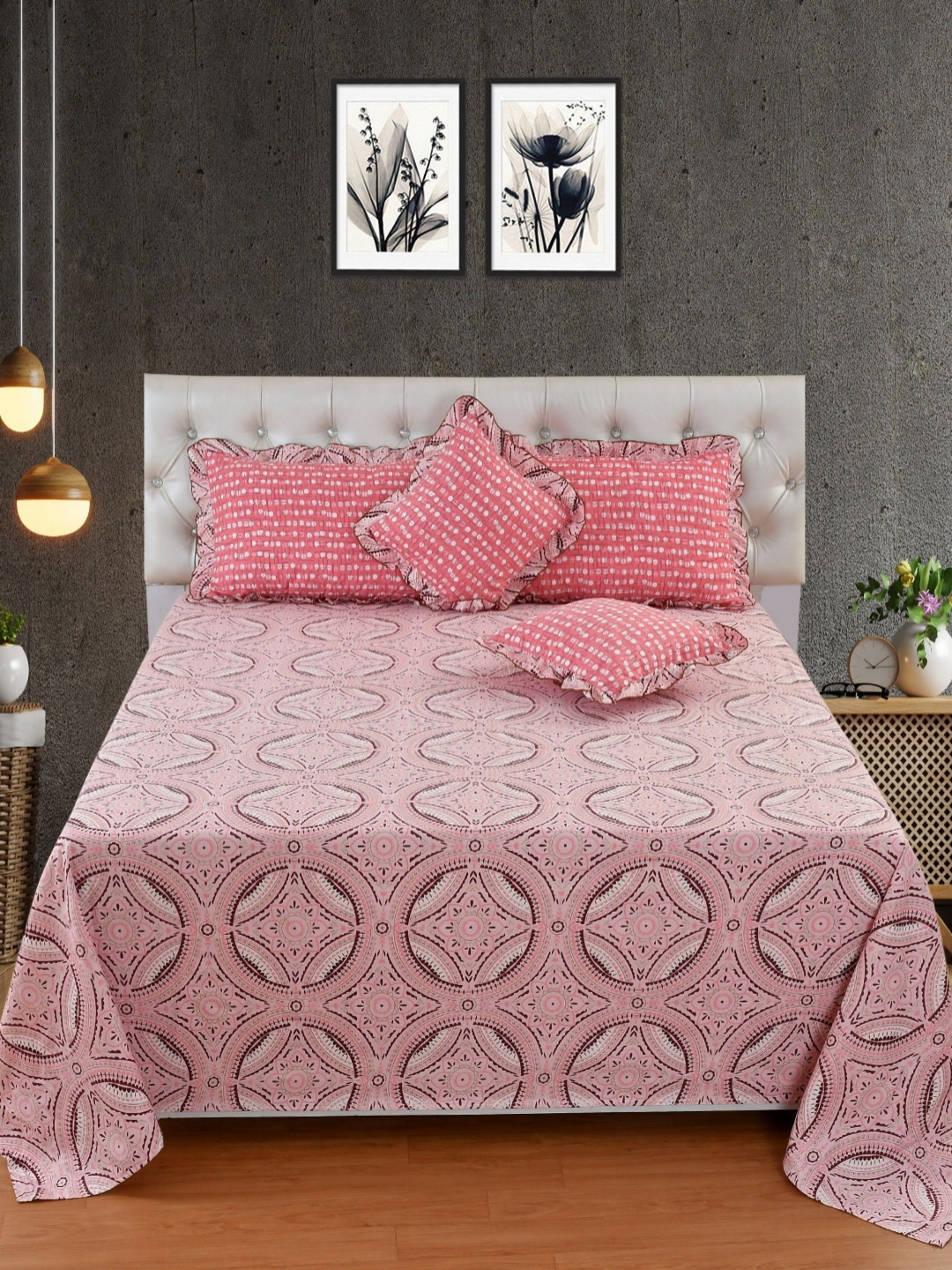 

BREVARD Pink & White Geometric 5 Pieces Cotton Frill Double King Regular Bedding Set
