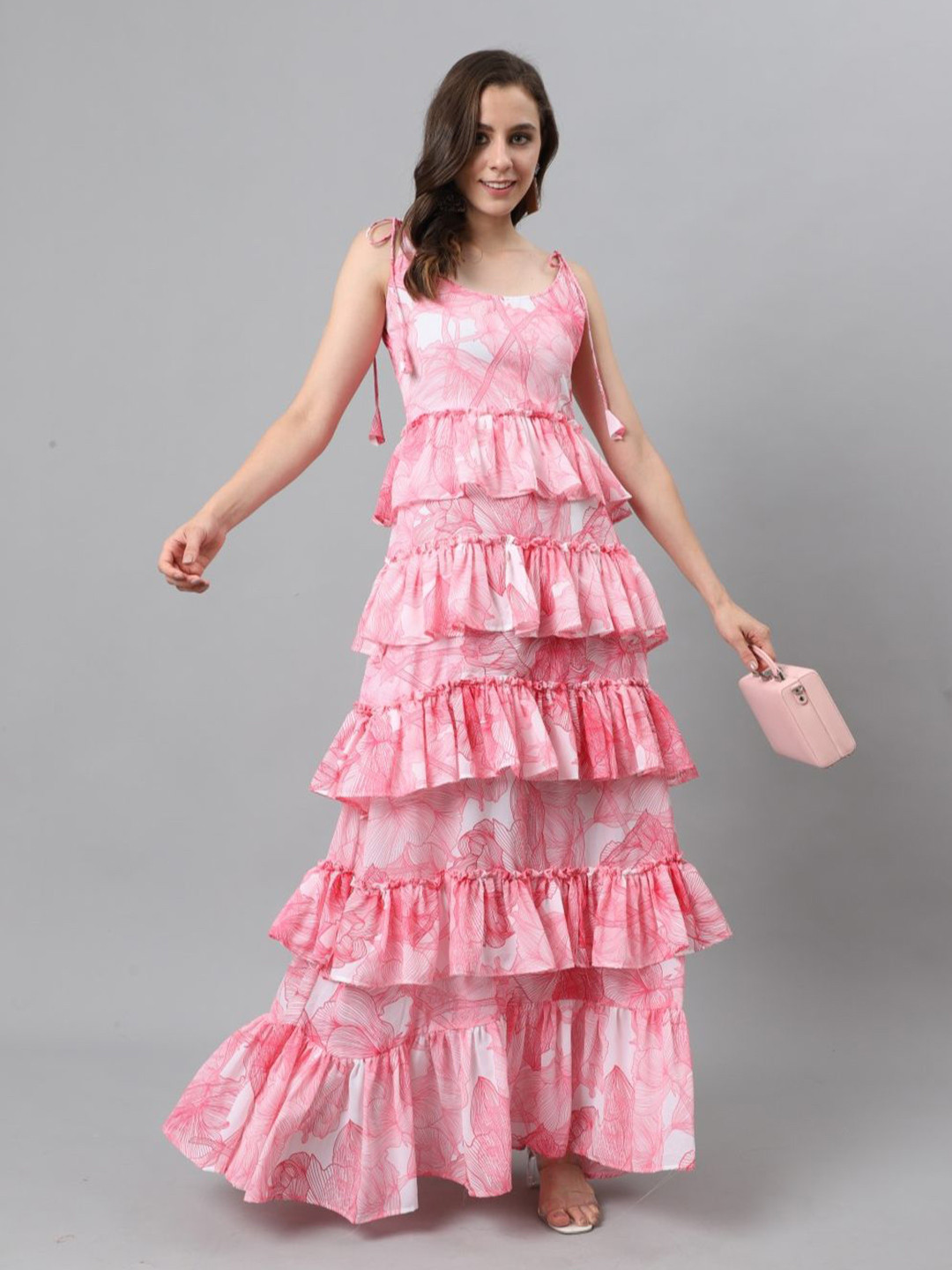 

VIRAGO Tie and Dye Printed Layered Fit and Flare Maxi Dress, Pink