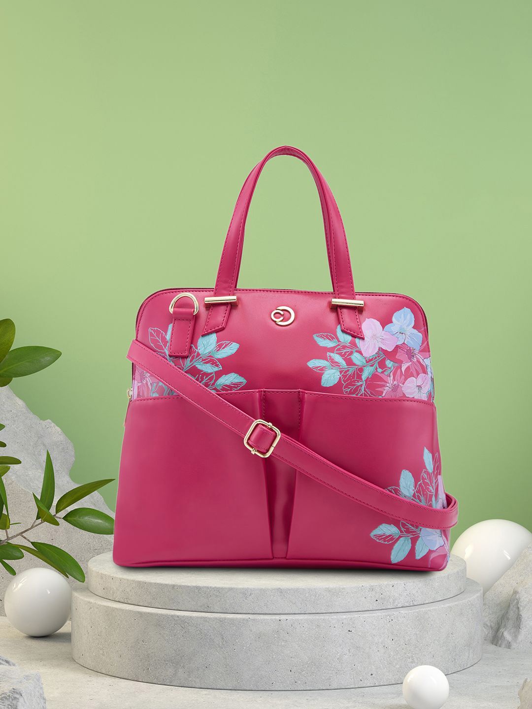 

Caprese Floral Printed Structured Handheld Bag with Applique, Red