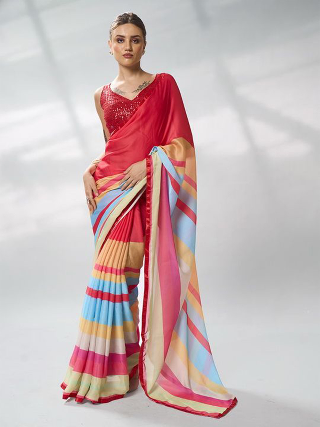 

Kalista Colorblocked Striped Satin Saree, Red