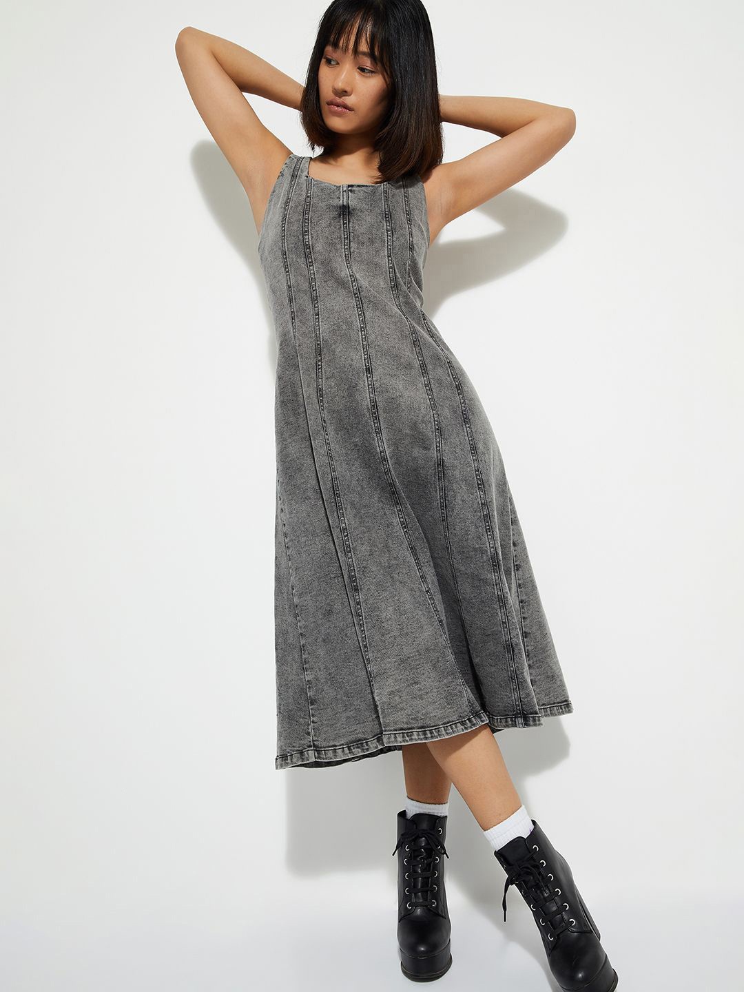 

max URB_N Women Panelled A-line Denim Dress, Grey