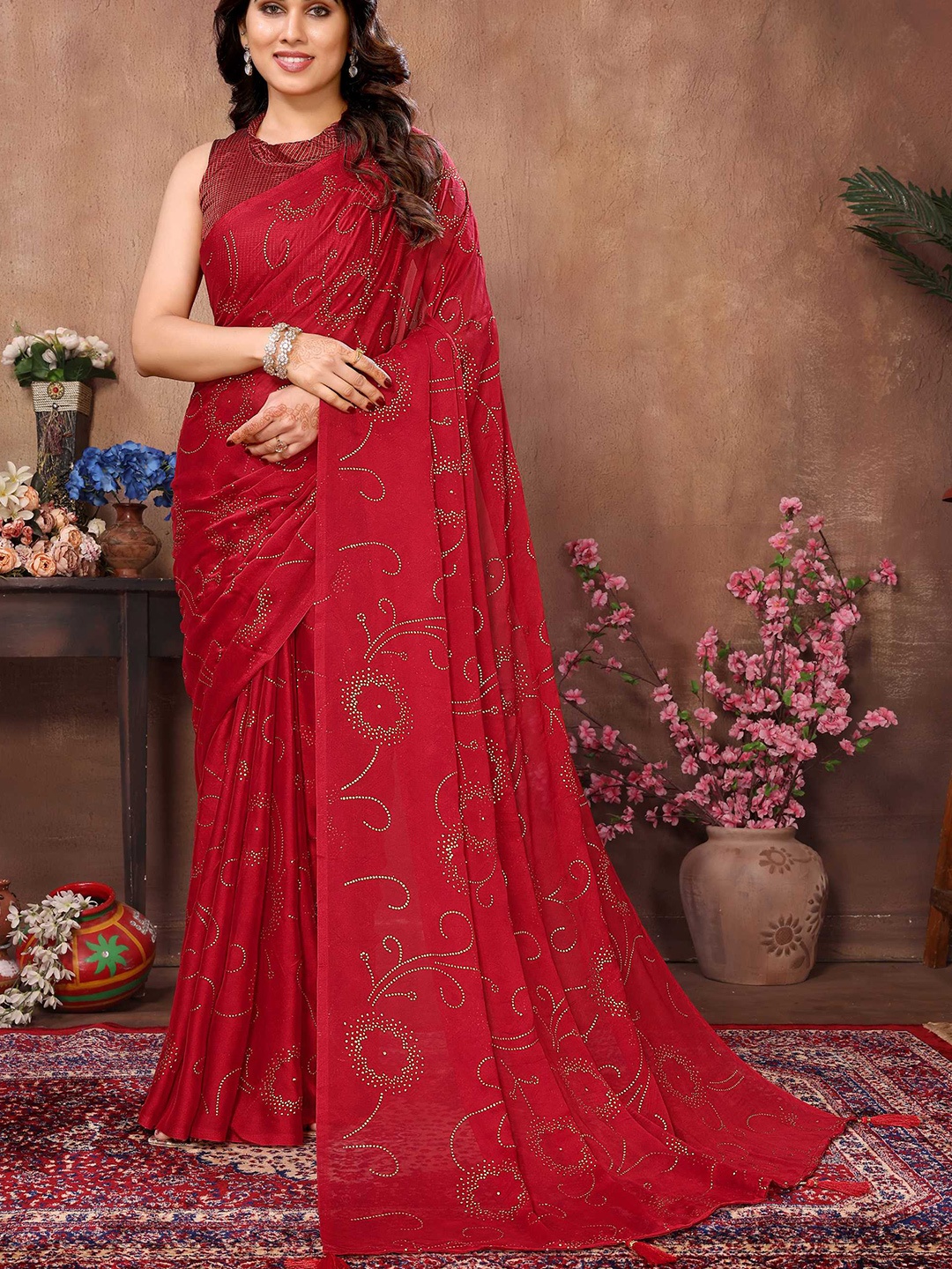 

Panzora Embellished Beads and Stones Satin Saree, Red