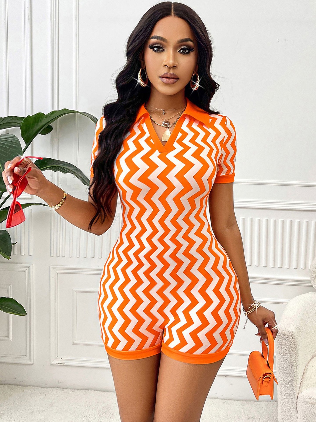 

StyleCast x Revolte Striped Shirt Collar Jumpsuit, Orange