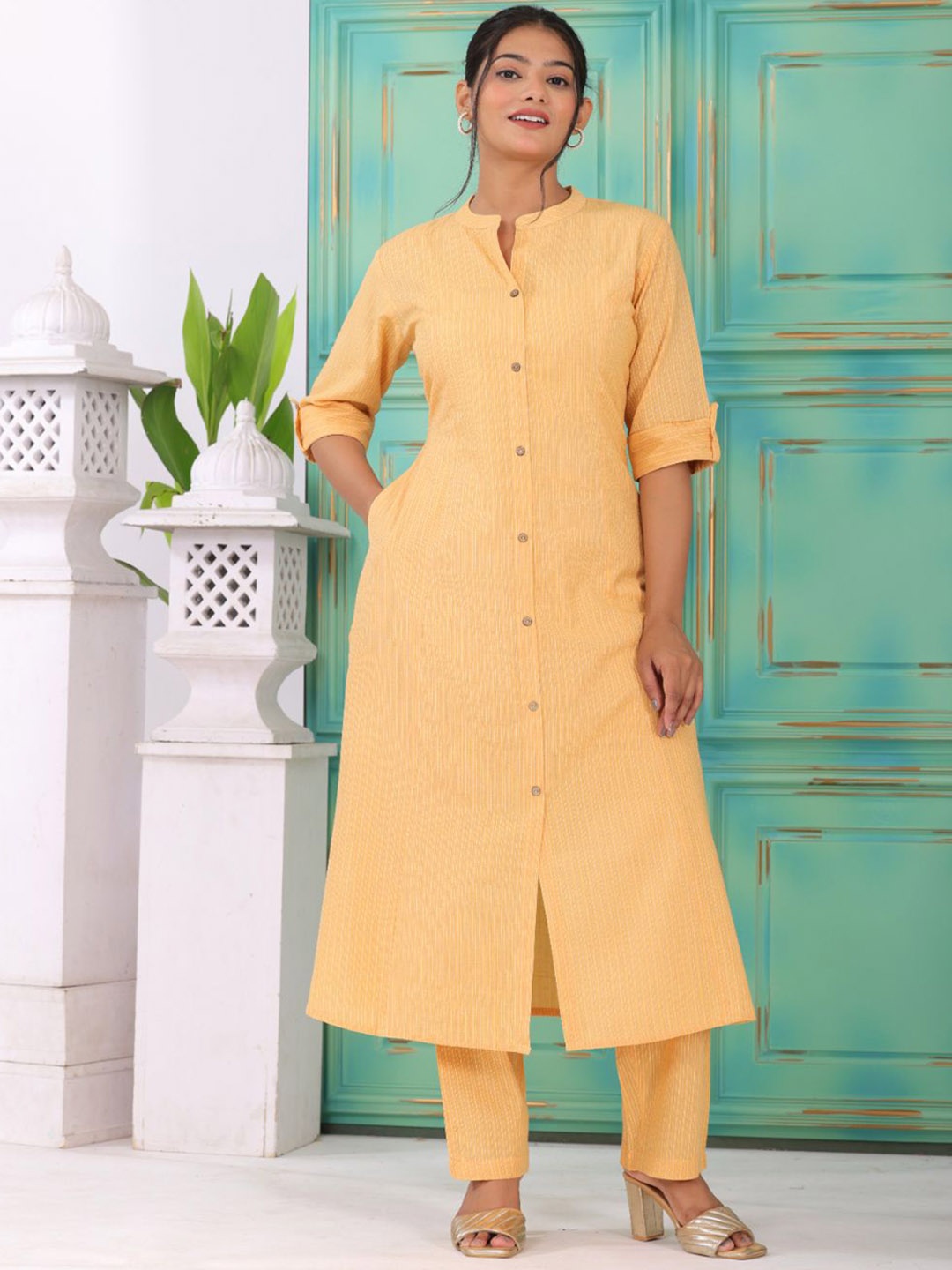 

KALINI Striped Mandarin Collar Roll-Up Sleeves Pure Cotton A-Line Kurta with Trousers, Yellow