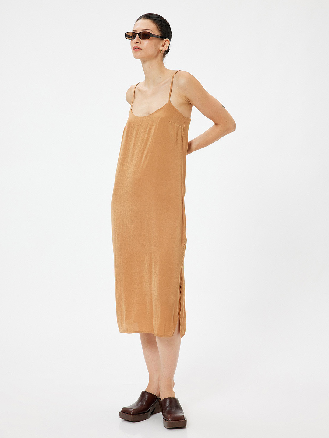 

Koton Shoulder Straps A-Line Midi Dress, Brown